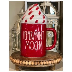 Rae Dunn “PEPPERMINT MOCHA” Red Mug W/Topper